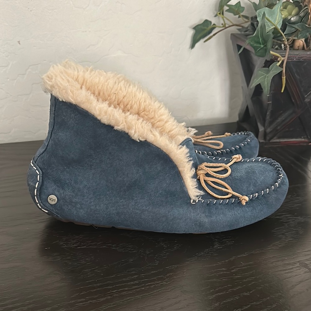 UGG Women's Blue Suede Slippers with Cream Fur - Picture 3 of 16